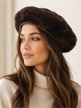 HEASLIP Brown Faux Fur Beret Hat Adjustable Winter Soft Plush Cap Made in Canada